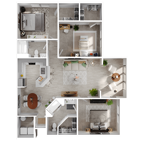 Floor plan for 3 beds, 2 baths, 1303 sqft